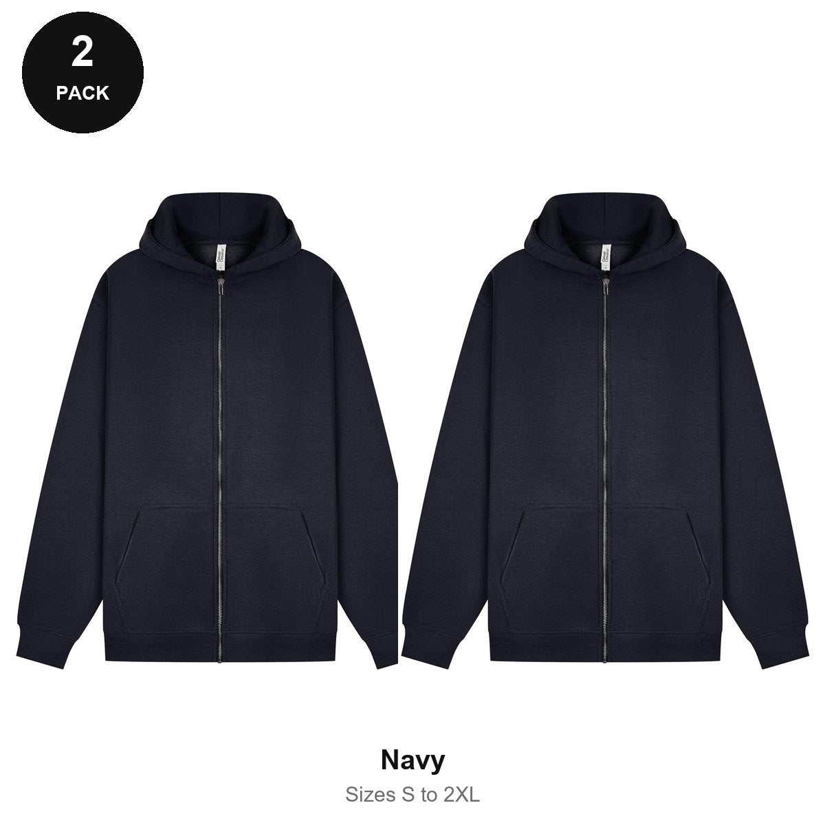 Zip Hoodies 2 Pack - 80% cotton / 20% polyester brushed-back fleece 280gsm, Sizes S-2XL - Navy
