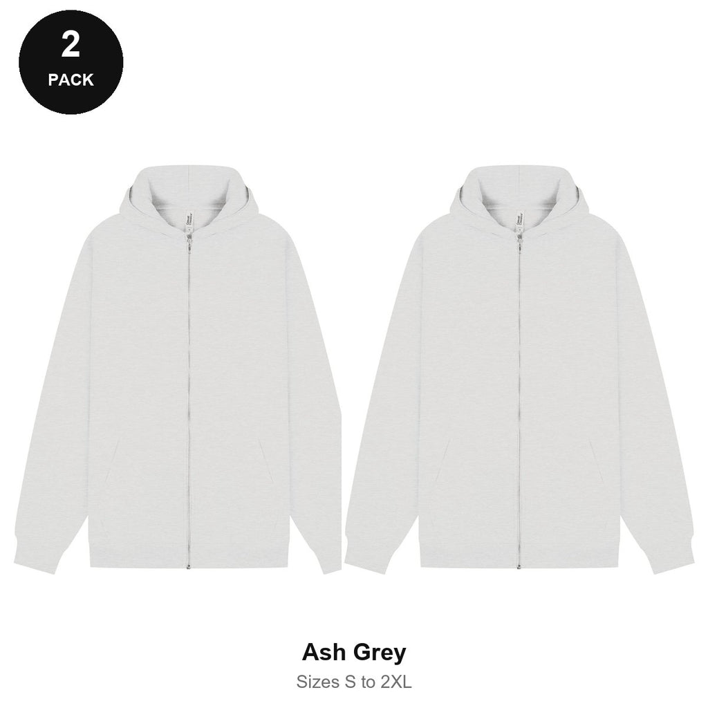 Zip Hoodies 2 Pack - 80% cotton / 20% polyester brushed-back fleece 280gsm, Sizes S-2XL - Ash Grey