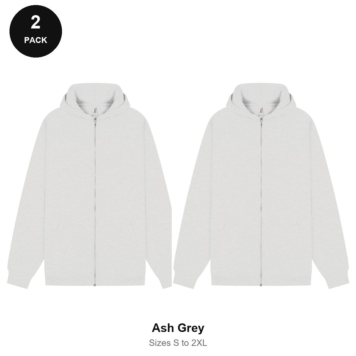 Zip Hoodies 2 Pack - 80% cotton / 20% polyester brushed-back fleece 280gsm, Sizes S-2XL - Ash Grey