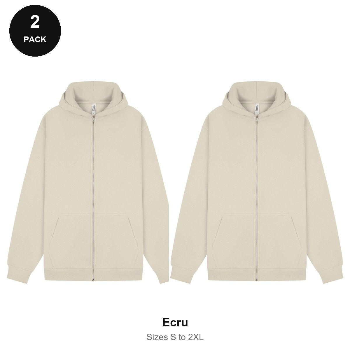 Zip Hoodies 2 Pack - 80% cotton / 20% polyester brushed-back fleece 280gsm, Sizes S-2XL - Ecru