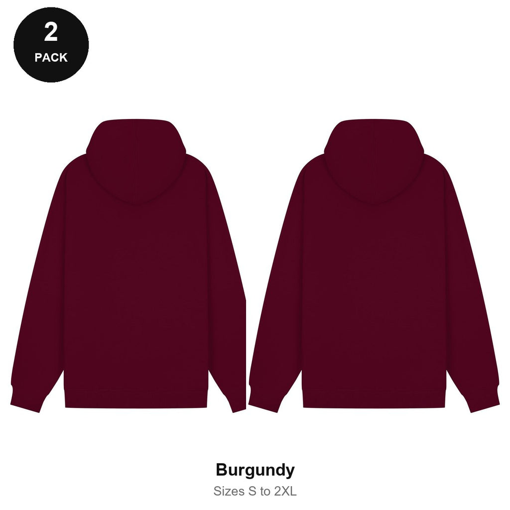 Zip Hoodies 2 Pack - 80% cotton / 20% polyester brushed-back fleece 280gsm, Sizes S-2XL - Burgundy