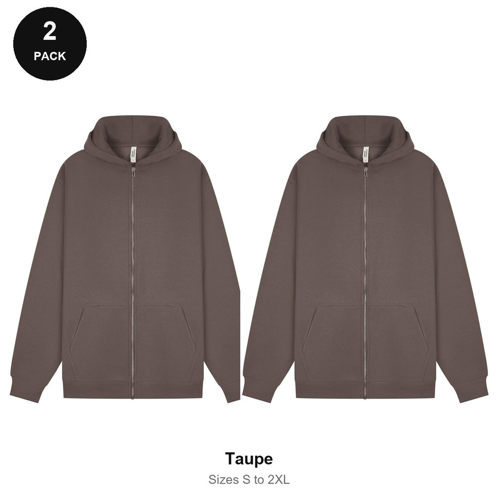 Zip Hoodies 2 Pack - 80% cotton / 20% polyester brushed-back fleece 280gsm, Sizes S-2XL - Taupe