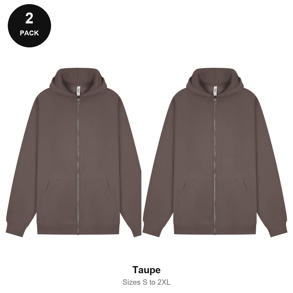 Zip Hoodies 2 Pack - 80% cotton / 20% polyester brushed-back fleece 280gsm, Sizes S-2XL - Taupe