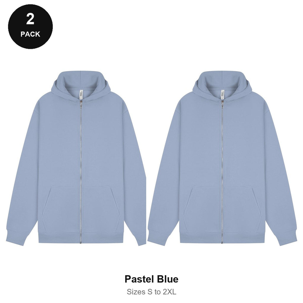 Zip Hoodies 2 Pack - 80% cotton / 20% polyester brushed-back fleece 280gsm, Sizes S-2XL - Pastel Blue
