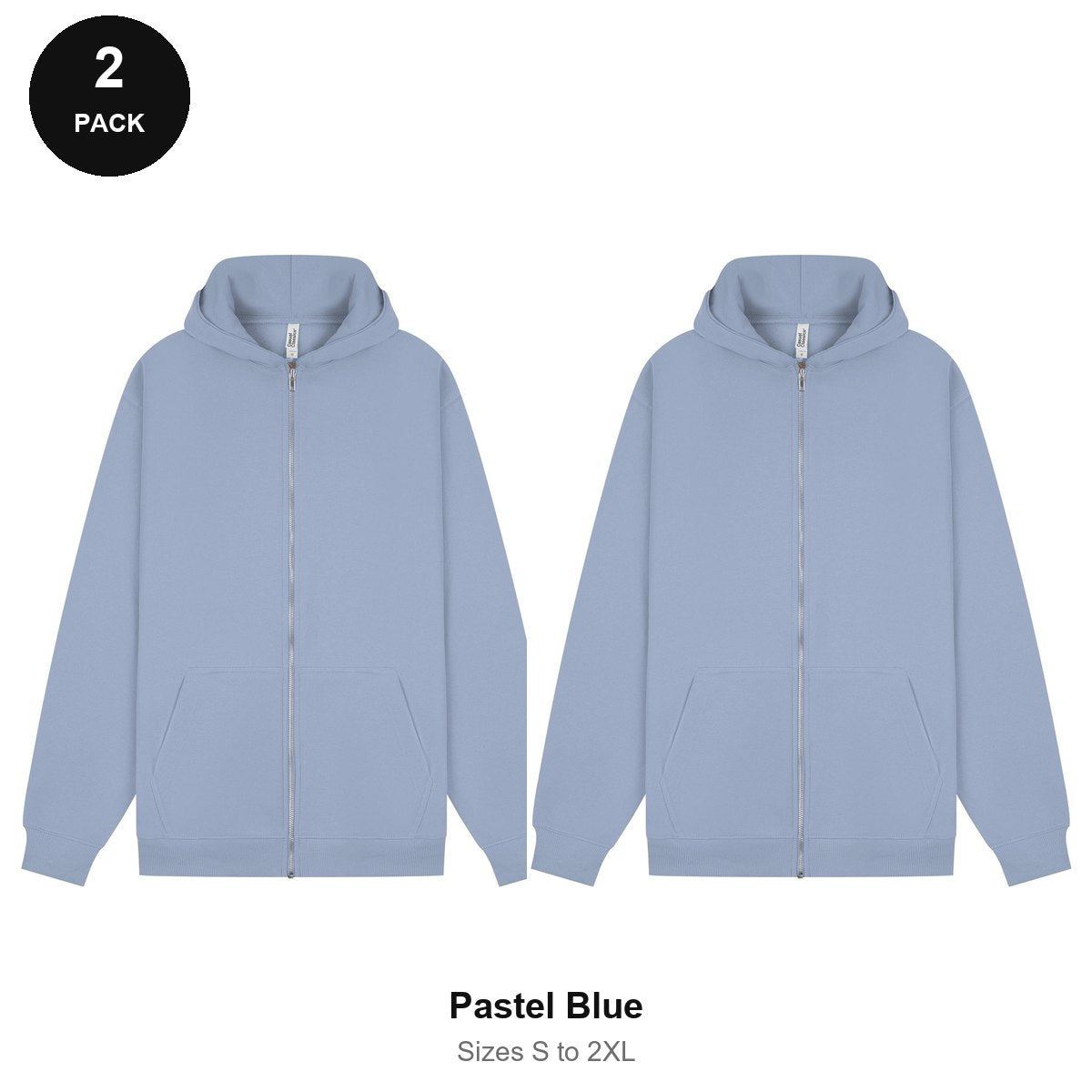 Zip Hoodies 2 Pack - 80% cotton / 20% polyester brushed-back fleece 280gsm, Sizes S-2XL - Pastel Blue