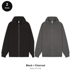 Zip Hoodies 2 Pack - 80% cotton / 20% polyester brushed-back fleece 280gsm, Sizes S-2XL - Black + Charcoal
