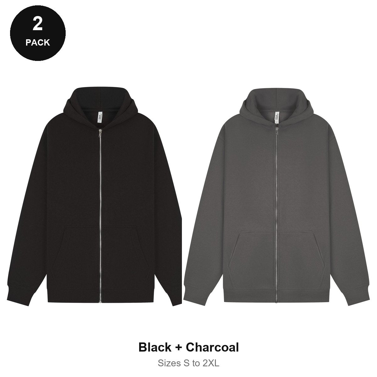 Zip Hoodies 2 Pack - 80% cotton / 20% polyester brushed-back fleece 280gsm, Sizes S-2XL - Black + Charcoal