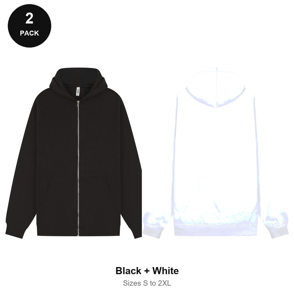 Zip Hoodies 2 Pack - 80% cotton / 20% polyester brushed-back fleece 280gsm, Sizes S-2XL - Black + White