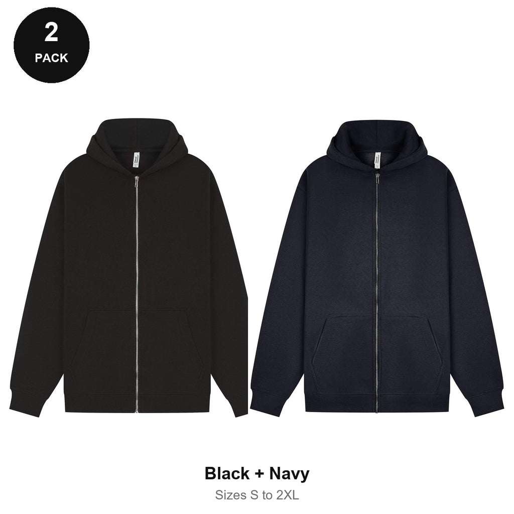 Zip Hoodies 2 Pack - 80% cotton / 20% polyester brushed-back fleece 280gsm, Sizes S-2XL - Black + Navy