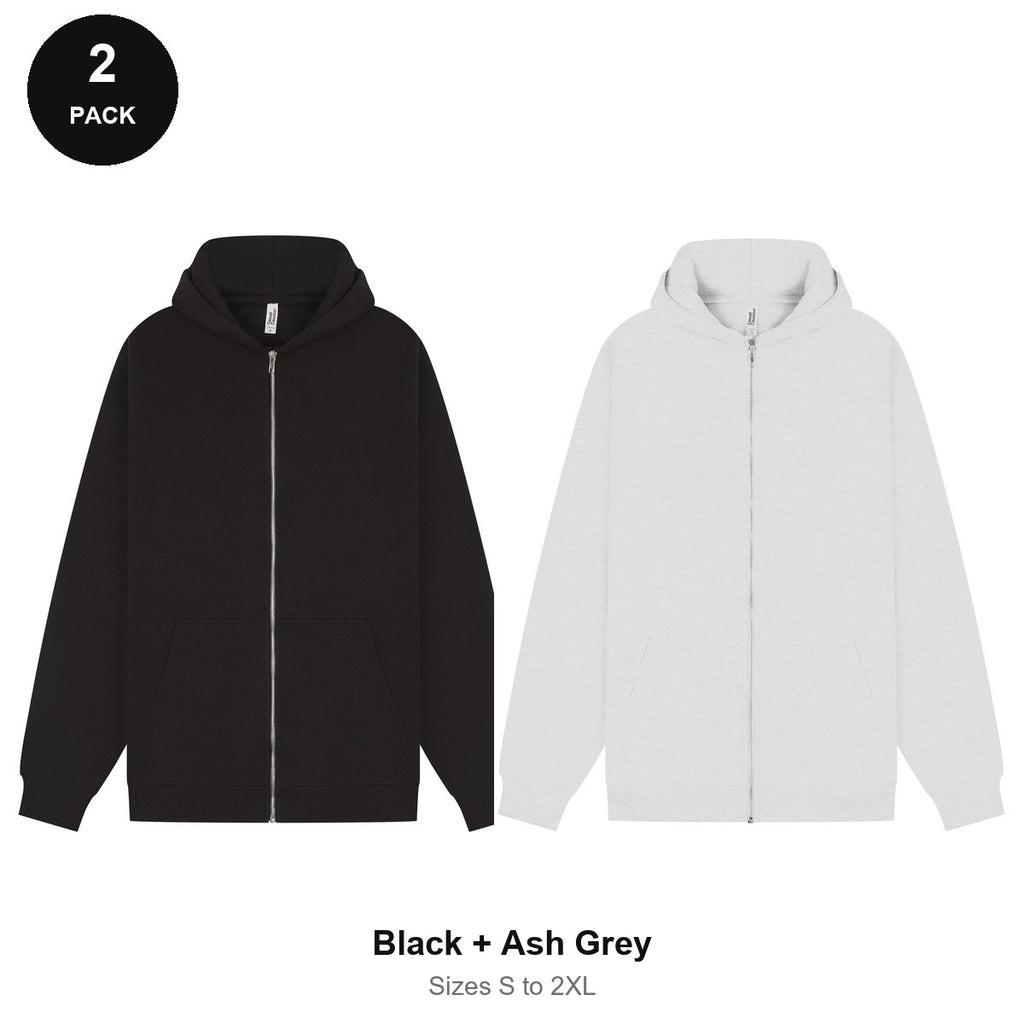 Zip Hoodies 2 Pack - 80% cotton / 20% polyester brushed-back fleece 280gsm, Sizes S-2XL - Black + Ash Grey