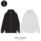 Zip Hoodies 2 Pack - 80% cotton / 20% polyester brushed-back fleece 280gsm, Sizes S-2XL - Black + Ash Grey