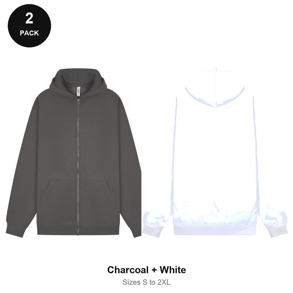 Zip Hoodies 2 Pack - 80% cotton / 20% polyester brushed-back fleece 280gsm, Sizes S-2XL - Charcoal + White