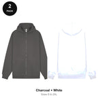 Zip Hoodies 2 Pack - 80% cotton / 20% polyester brushed-back fleece 280gsm, Sizes S-2XL - Charcoal + White