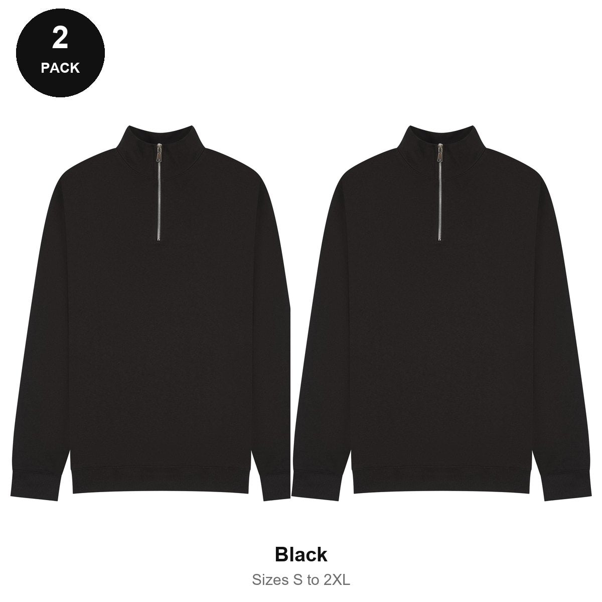 Quarter-Zip Sweatshirts 2 Pack - 80% cotton / 20% polyester brushed-back fleece 280gsm, Sizes S-2XL - Black