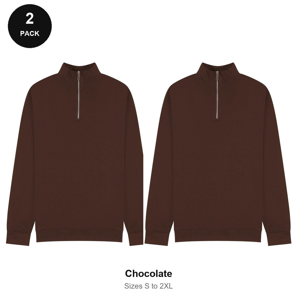 Quarter-Zip Sweatshirts 2 Pack - 80% cotton / 20% polyester brushed-back fleece 280gsm, Sizes S-2XL - Chocolate
