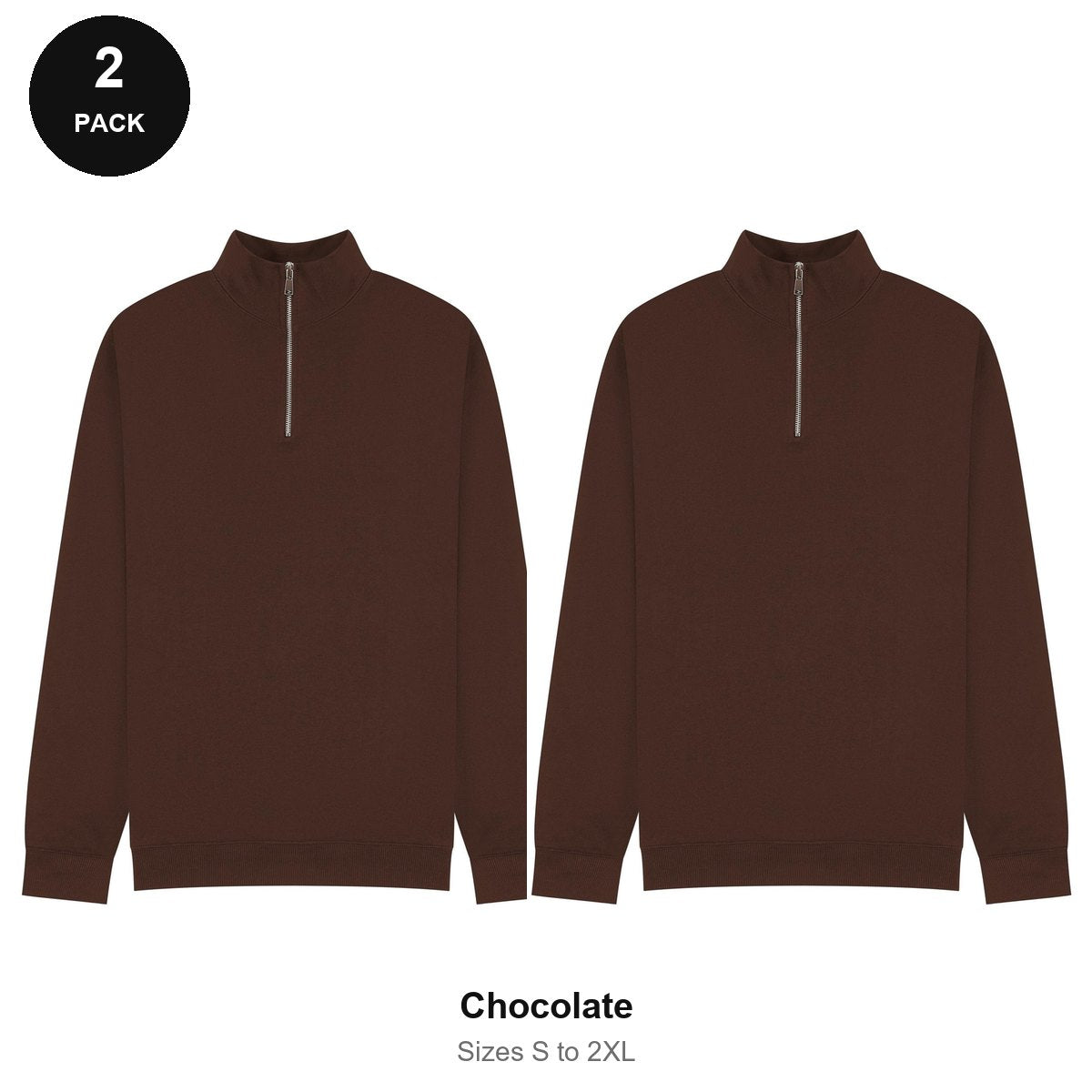 Quarter-Zip Sweatshirts 2 Pack - 80% cotton / 20% polyester brushed-back fleece 280gsm, Sizes S-2XL - Chocolate