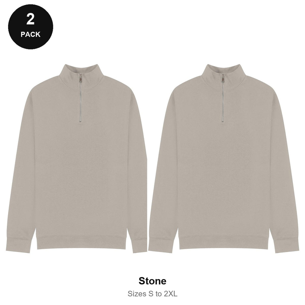 Quarter-Zip Sweatshirts 2 Pack - 80% cotton / 20% polyester brushed-back fleece 280gsm, Sizes S-2XL - Stone