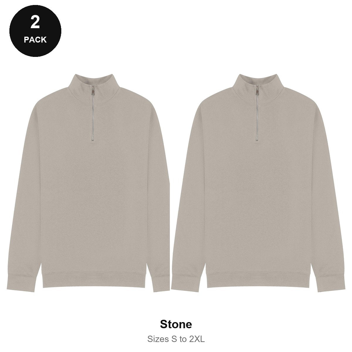 Quarter-Zip Sweatshirts 2 Pack - 80% cotton / 20% polyester brushed-back fleece 280gsm, Sizes S-2XL - Stone