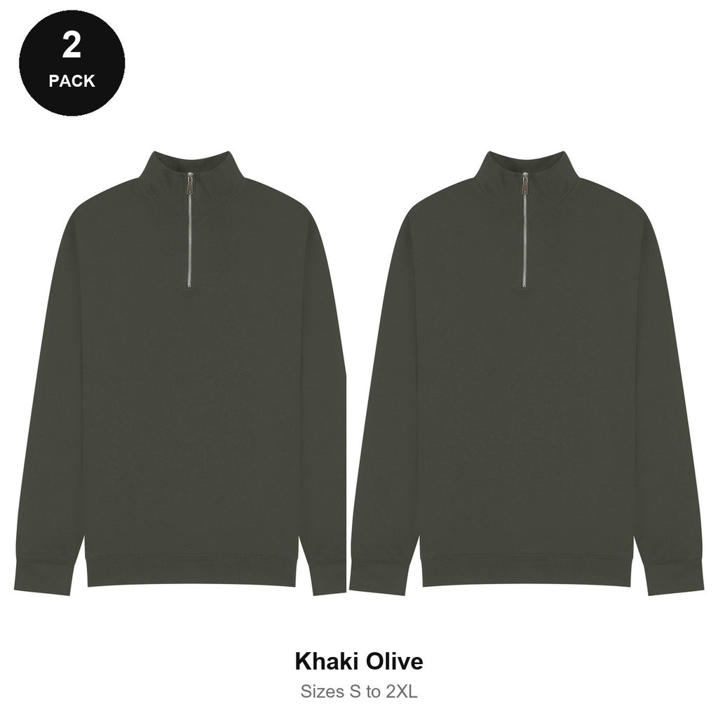 Quarter-Zip Sweatshirts 2 Pack - 80% cotton / 20% polyester brushed-back fleece 280gsm, Sizes S-2XL - Khaki Olive