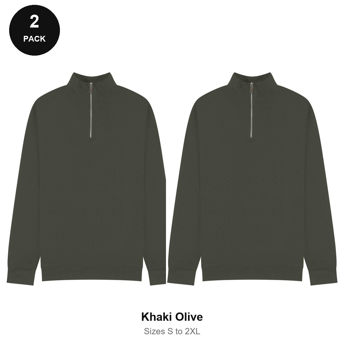Quarter-Zip Sweatshirts 2 Pack - 80% cotton / 20% polyester brushed-back fleece 280gsm, Sizes S-2XL - Khaki Olive