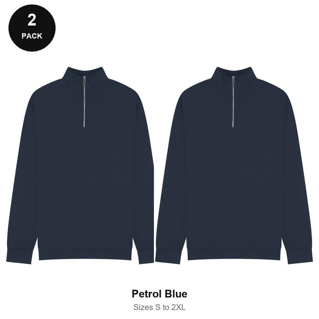 Quarter-Zip Sweatshirts 2 Pack - 80% cotton / 20% polyester brushed-back fleece 280gsm, Sizes S-2XL - Petrol Blue