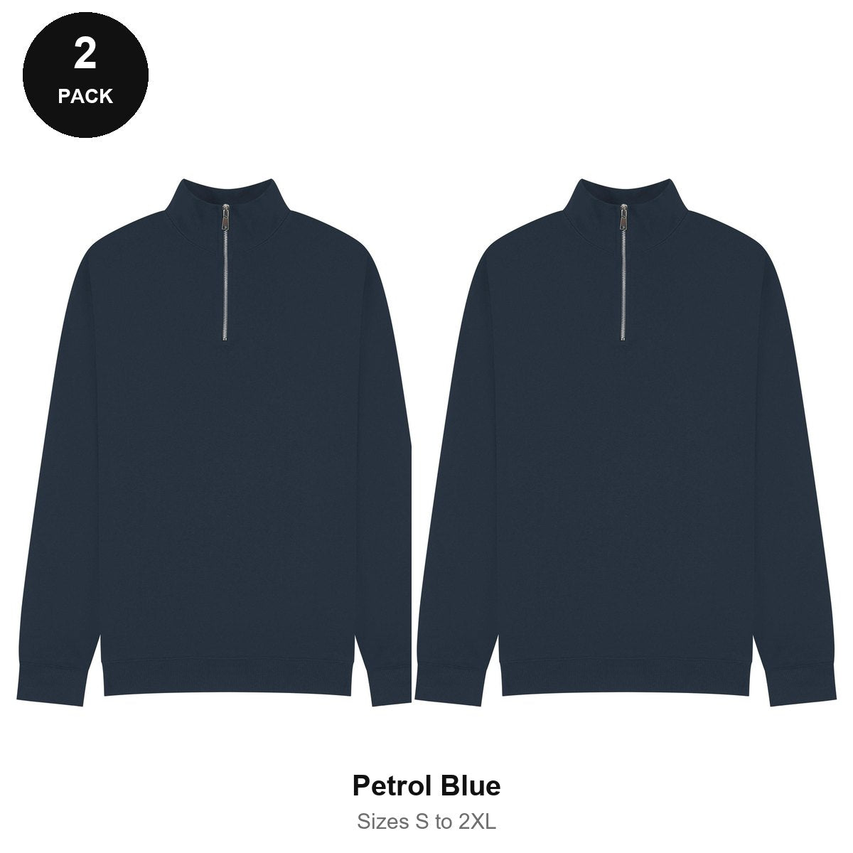 Quarter-Zip Sweatshirts 2 Pack - 80% cotton / 20% polyester brushed-back fleece 280gsm, Sizes S-2XL - Petrol Blue