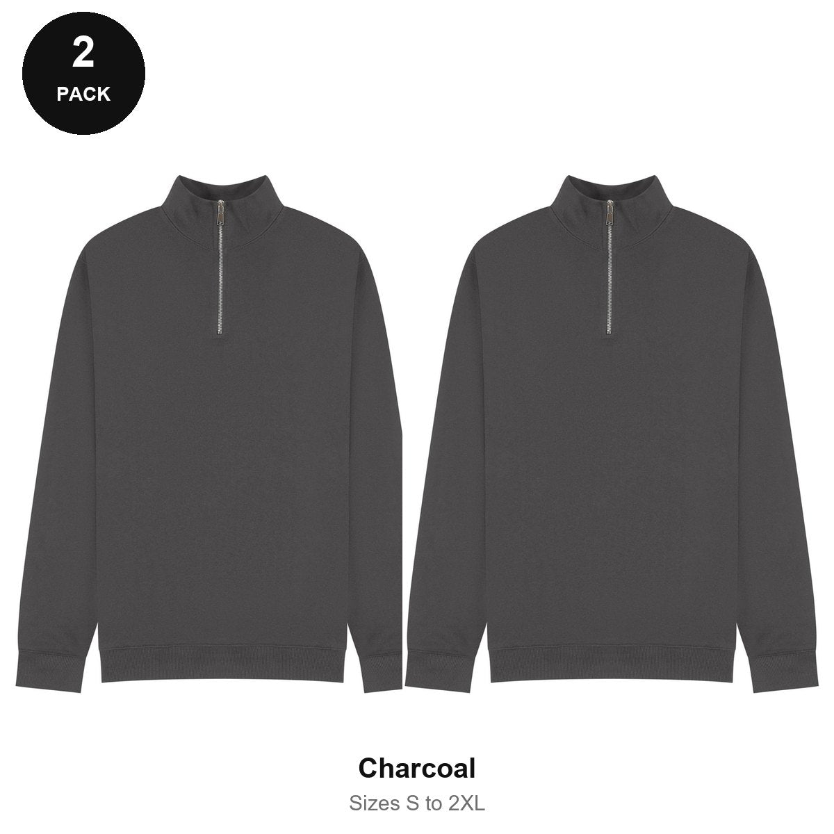 Quarter-Zip Sweatshirts 2 Pack - 80% cotton / 20% polyester brushed-back fleece 280gsm, Sizes S-2XL - Charcoal