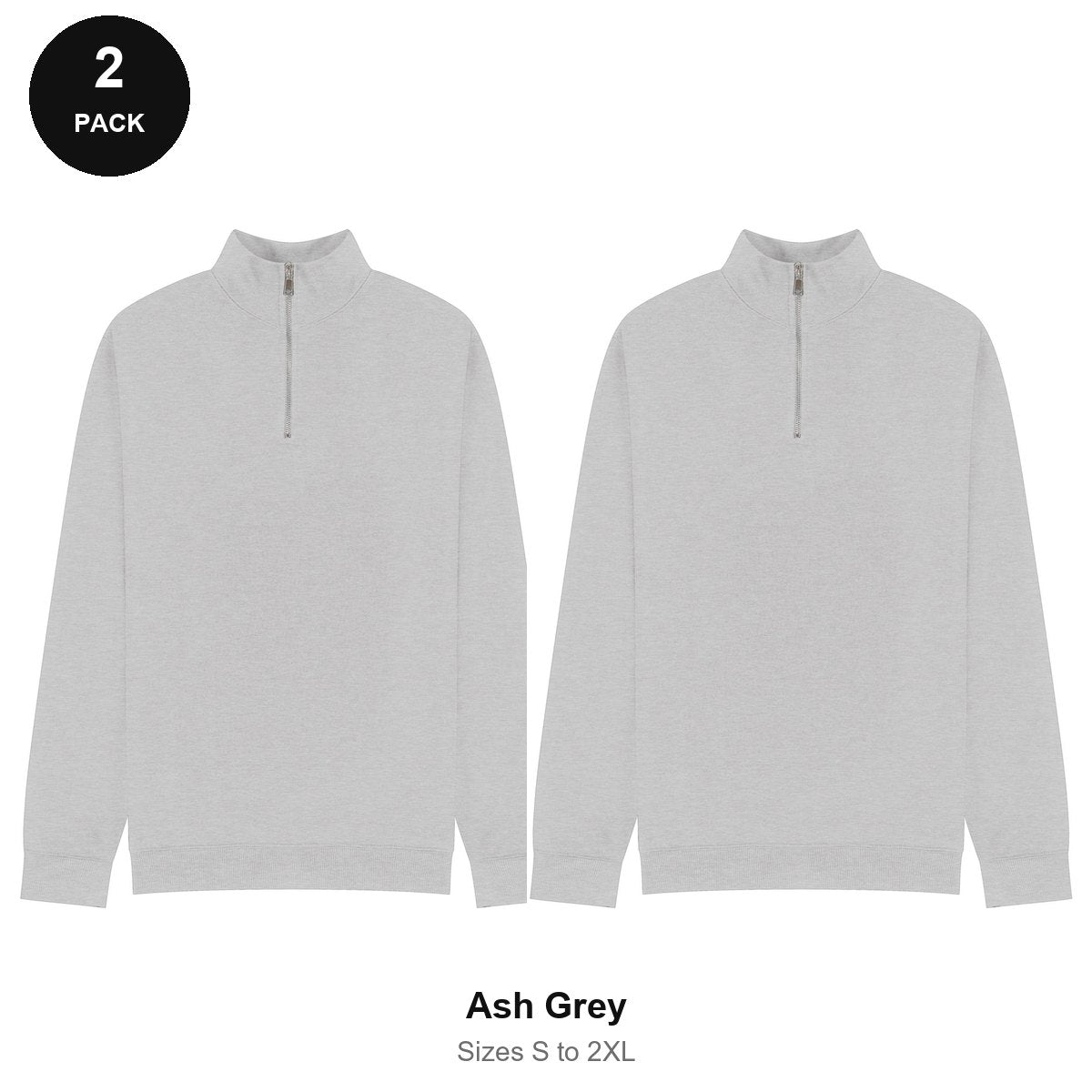 Quarter-Zip Sweatshirts 2 Pack - 80% cotton / 20% polyester brushed-back fleece 280gsm, Sizes S-2XL - Ash Grey
