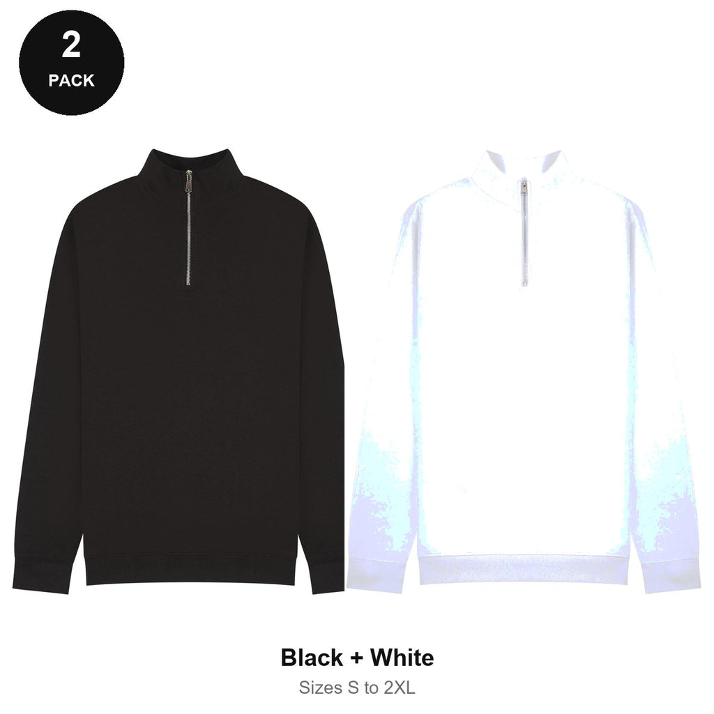 Quarter-Zip Sweatshirts 2 Pack - 80% cotton / 20% polyester brushed-back fleece 280gsm, Sizes S-2XL - Black + White