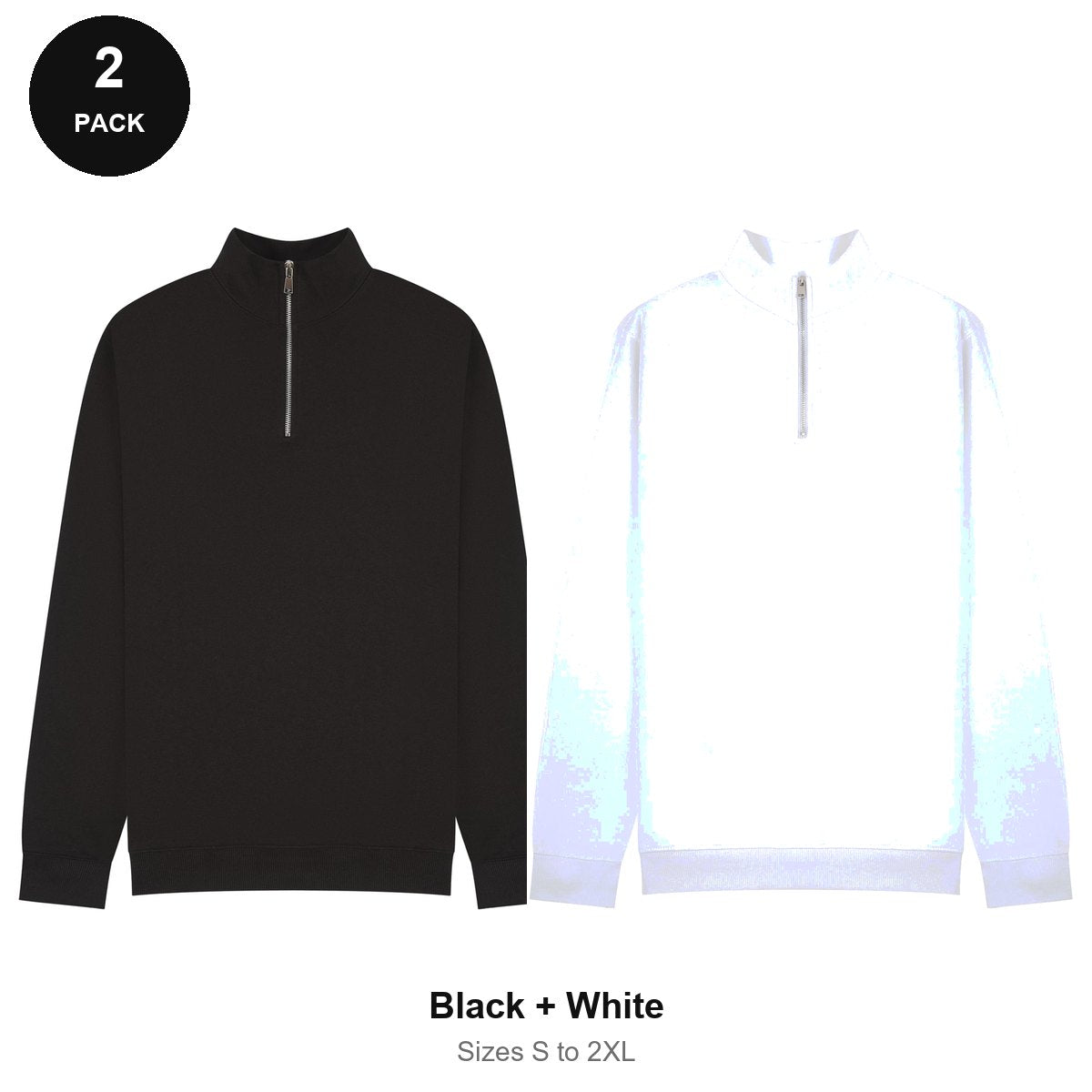 Quarter-Zip Sweatshirts 2 Pack - 80% cotton / 20% polyester brushed-back fleece 280gsm, Sizes S-2XL - Black + White