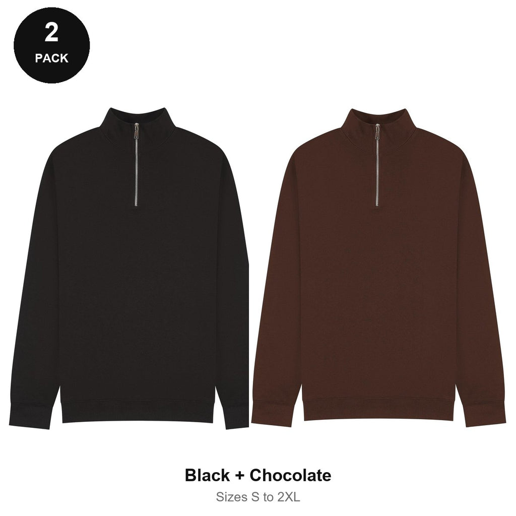 Quarter-Zip Sweatshirts 2 Pack - 80% cotton / 20% polyester brushed-back fleece 280gsm, Sizes S-2XL - Black + Chocolate