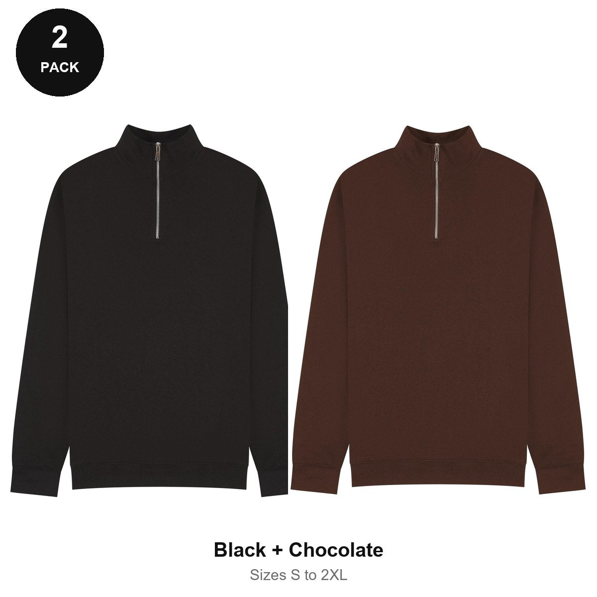Quarter-Zip Sweatshirts 2 Pack - 80% cotton / 20% polyester brushed-back fleece 280gsm, Sizes S-2XL - Black + Chocolate