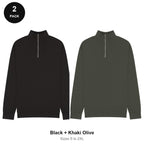 Quarter-Zip Sweatshirts 2 Pack - 80% cotton / 20% polyester brushed-back fleece 280gsm, Sizes S-2XL - Black + Khaki Olive