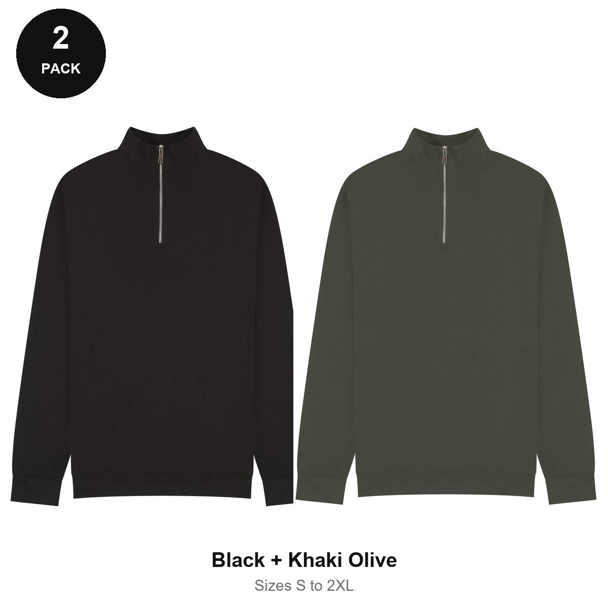 Quarter-Zip Sweatshirts 2 Pack - 80% cotton / 20% polyester brushed-back fleece 280gsm, Sizes S-2XL - Black + Khaki Olive