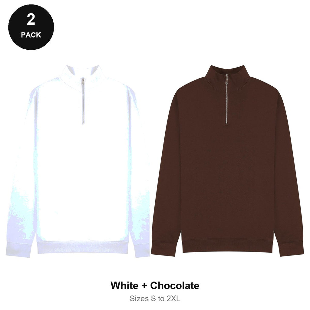 Quarter-Zip Sweatshirts 2 Pack - 80% cotton / 20% polyester brushed-back fleece 280gsm, Sizes S-2XL - White + Chocolate