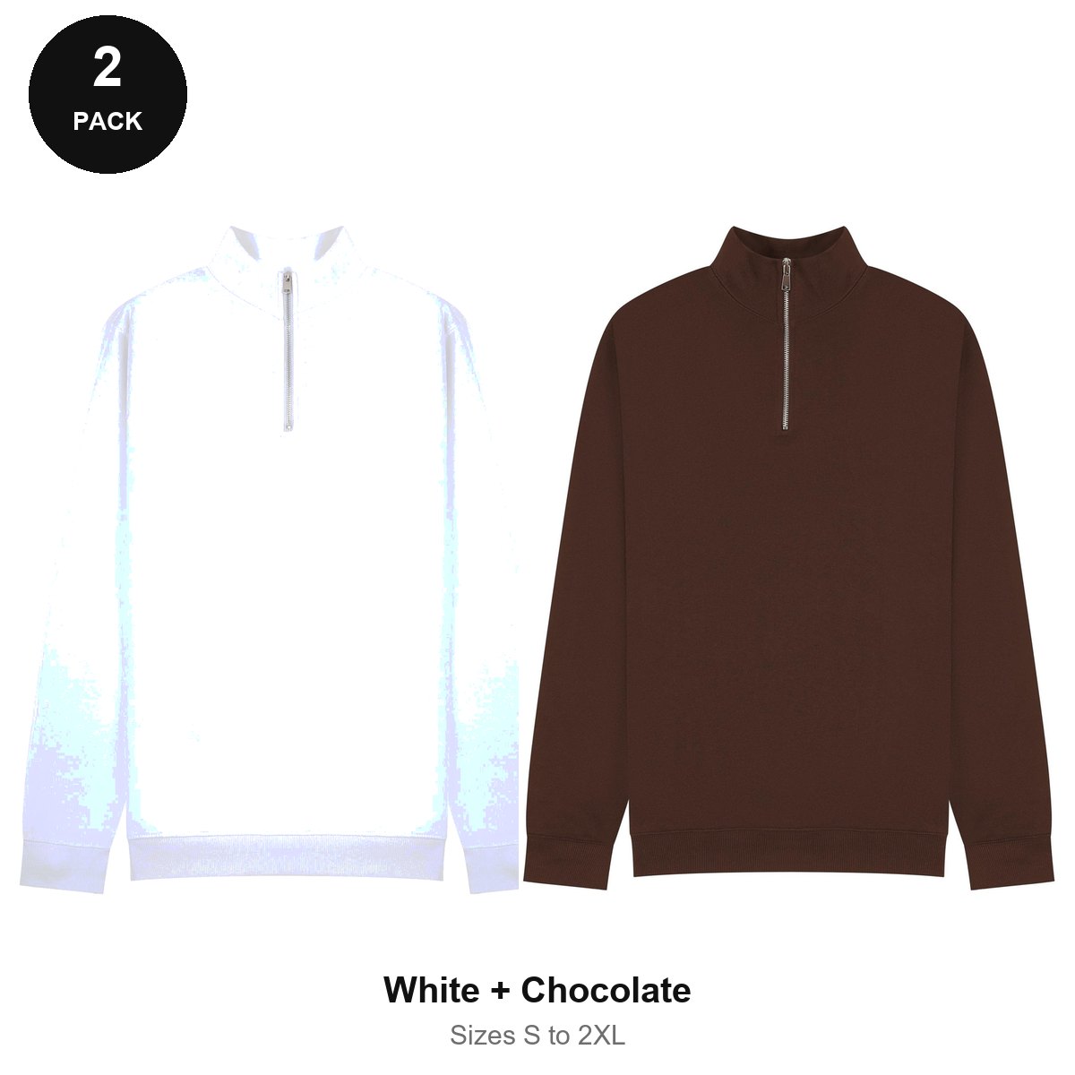 Quarter-Zip Sweatshirts 2 Pack - 80% cotton / 20% polyester brushed-back fleece 280gsm, Sizes S-2XL - White + Chocolate