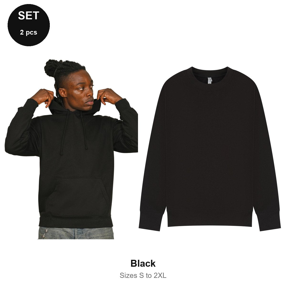 Mens Hoodie + Sweatshirt Set - 80% cotton / 20% polyester brushed-back fleece 280gsm, Sizes S-2XL - Black