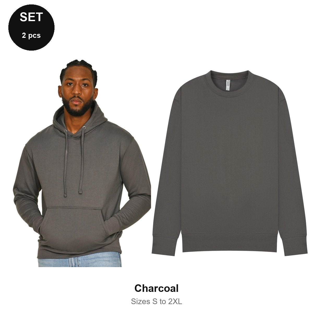Mens Hoodie + Sweatshirt Set - 80% cotton / 20% polyester brushed-back fleece 280gsm, Sizes S-2XL - Charcoal