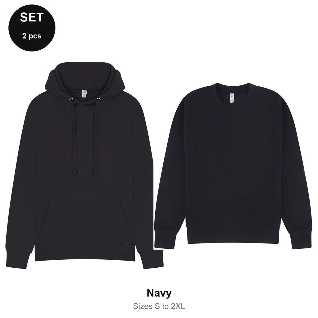 Mens Hoodie + Sweatshirt Set - 80% cotton / 20% polyester brushed-back fleece 280gsm, Sizes S-2XL - Navy