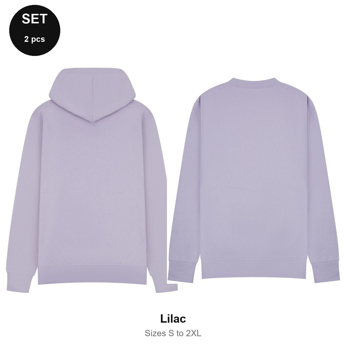 Mens Hoodie + Sweatshirt Set - 80% cotton / 20% polyester brushed-back fleece 280gsm, Sizes S-2XL - Lilac