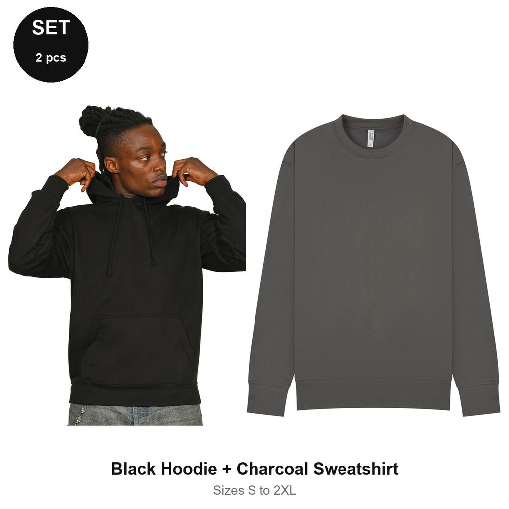 Mens Hoodie + Sweatshirt Set - 80% cotton / 20% polyester brushed-back fleece 280gsm, Sizes S-2XL - Black Hoodie + Charcoal Sweatshirt