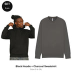 Mens Hoodie + Sweatshirt Set - 80% cotton / 20% polyester brushed-back fleece 280gsm, Sizes S-2XL - Black Hoodie + Charcoal Sweatshirt