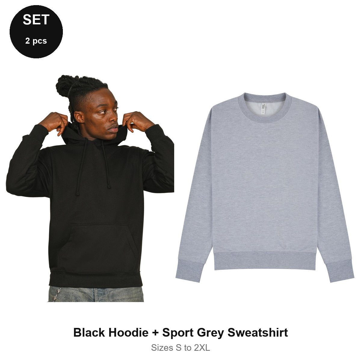 Mens Hoodie + Sweatshirt Set - 80% cotton / 20% polyester brushed-back fleece 280gsm, Sizes S-2XL - Black Hoodie + Sport Grey Sweatshirt