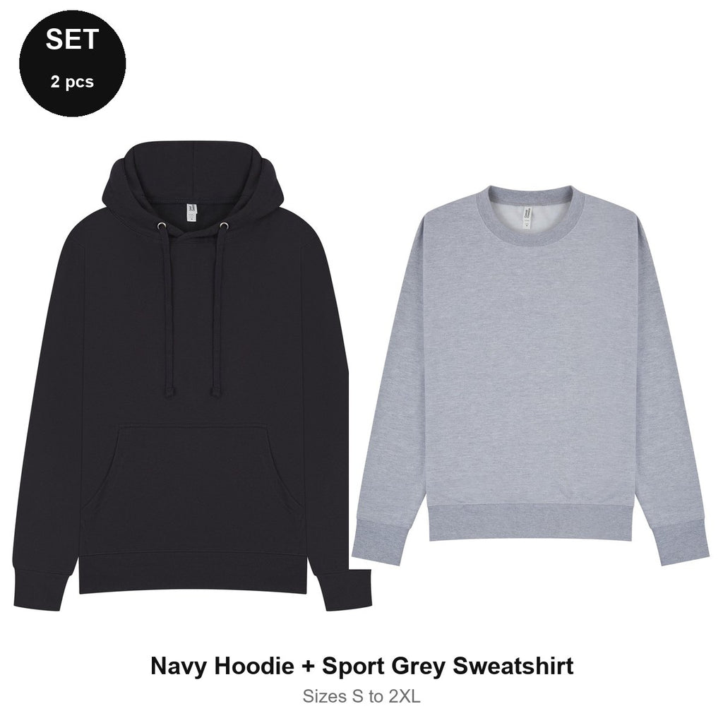 Mens Hoodie + Sweatshirt Set - 80% cotton / 20% polyester brushed-back fleece 280gsm, Sizes S-2XL - Navy Hoodie + Sport Grey Sweatshirt