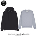 Mens Hoodie + Sweatshirt Set - 80% cotton / 20% polyester brushed-back fleece 280gsm, Sizes S-2XL - Navy Hoodie + Sport Grey Sweatshirt