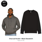 Mens Hoodie + Sweatshirt Set - 80% cotton / 20% polyester brushed-back fleece 280gsm, Sizes S-2XL - Charcoal Hoodie + Black Sweatshirt