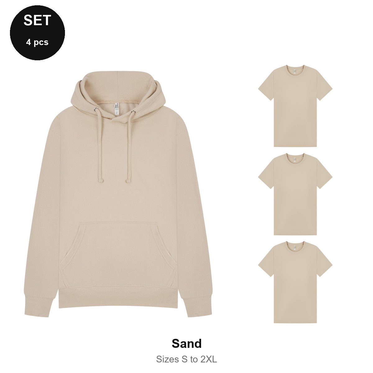 Mens Hoodie + 3 T-Shirts Set - 80% cotton / 20% polyester brushed-back fleece 280gsm, Sizes S-2XL - Sand