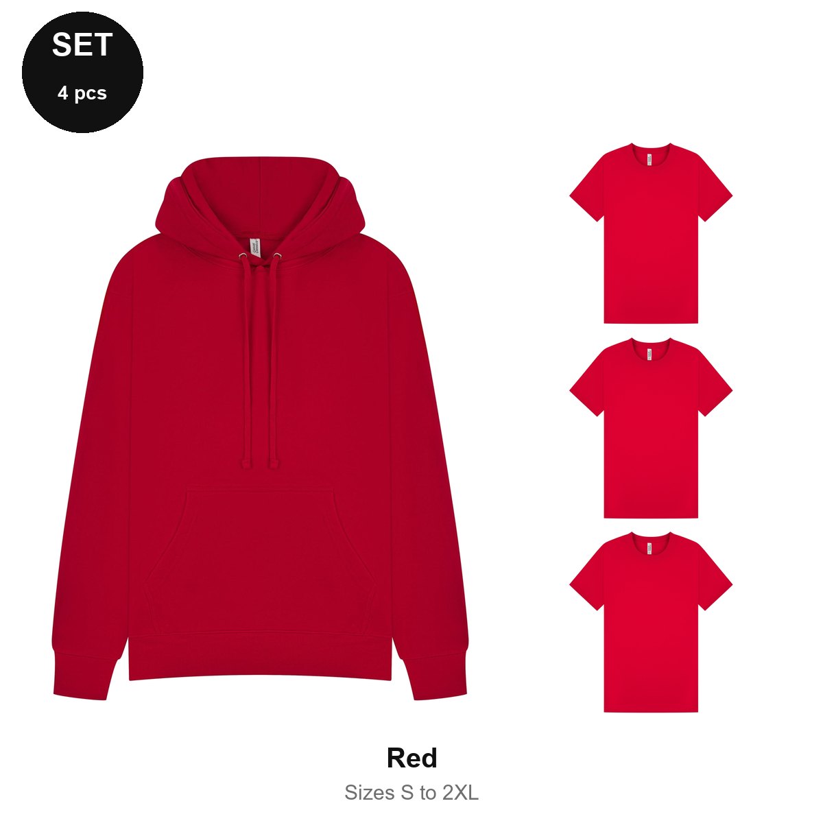 Mens Hoodie + 3 T-Shirts Set - 80% cotton / 20% polyester brushed-back fleece 280gsm, Sizes S-2XL - Red