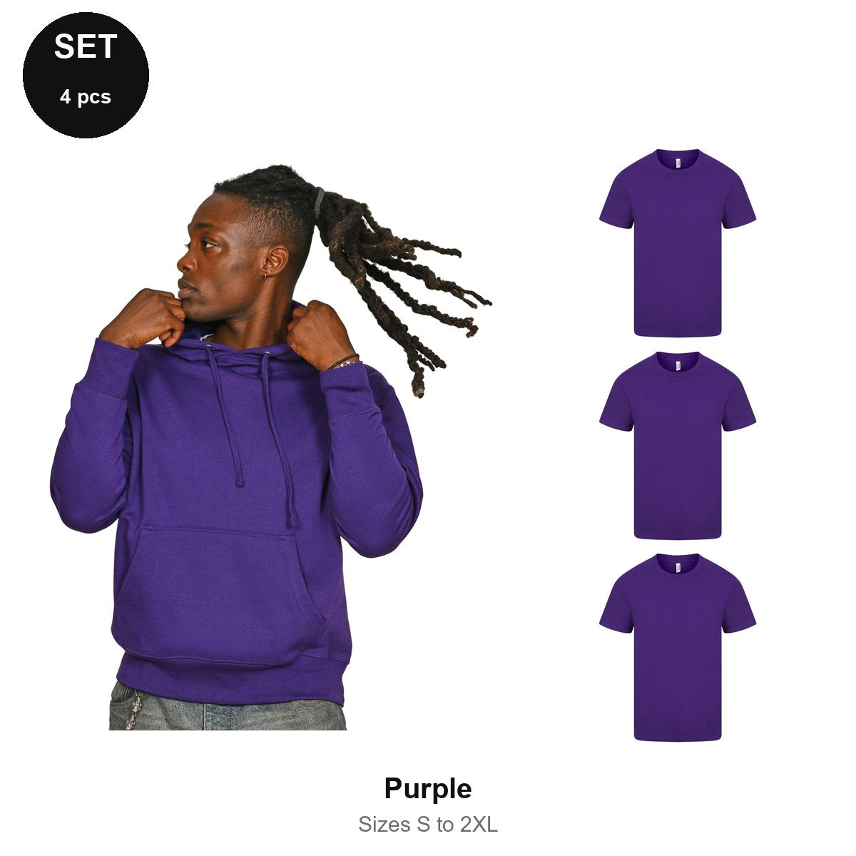 Mens Hoodie + 3 T-Shirts Set - 80% cotton / 20% polyester brushed-back fleece 280gsm, Sizes S-2XL - Purple