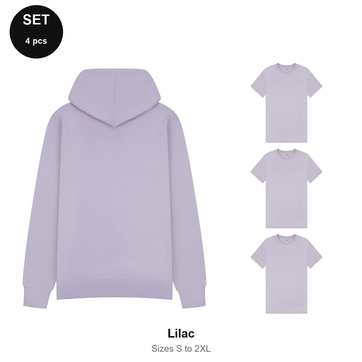 Mens Hoodie + 3 T-Shirts Set - 80% cotton / 20% polyester brushed-back fleece 280gsm, Sizes S-2XL - Lilac